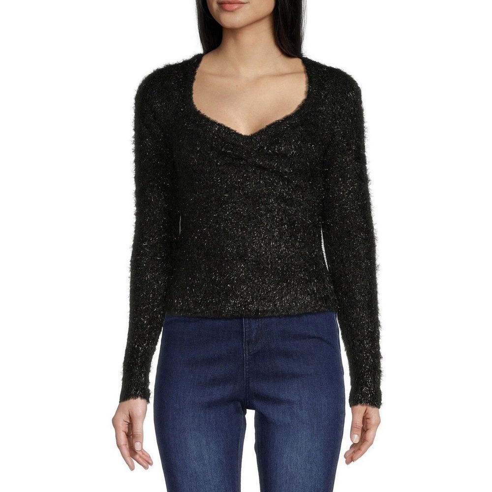C&V Chelsea Violet NWT Black Sparkle Fuzzy Knit Long Sleeve Cropped Sweater S‎